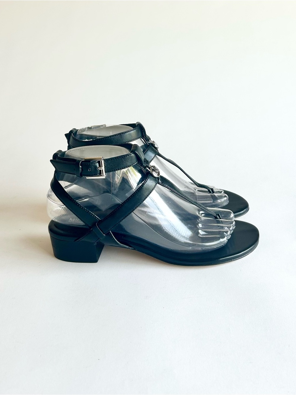Michael Kors Black Leather Ankle Strap Silver Metal Logo Sandals size 7 - Picture 2 of 16